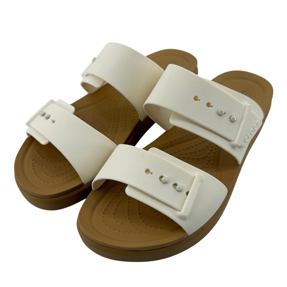 Crocs Brooklyn Buckle Low Wedge Sandal White Tan Women 6 Slip On Flip Flop New